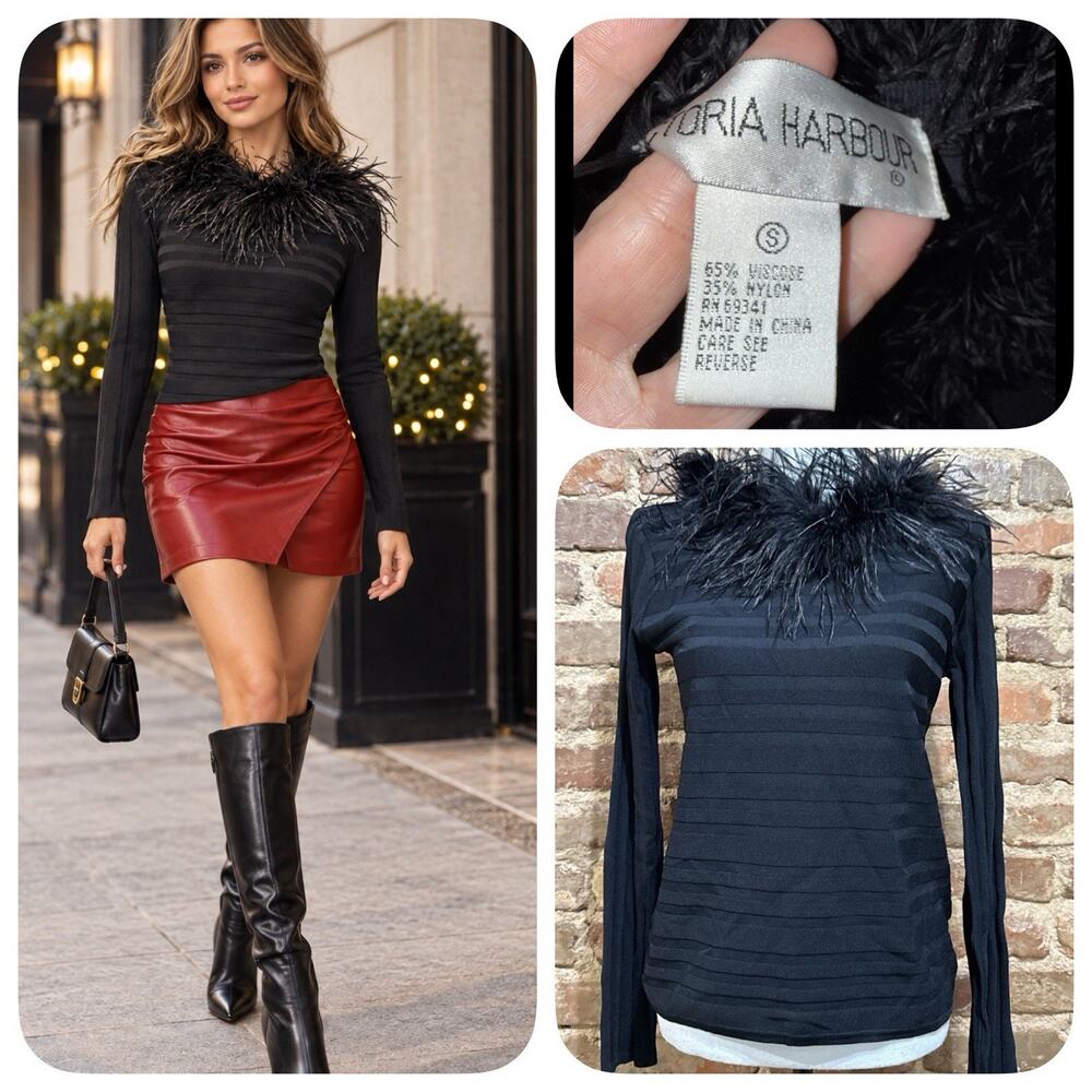 FALL GLAM! Sz S Women’s Black Ostrich Feather Collar Ribbed Long Sleeve Sweater